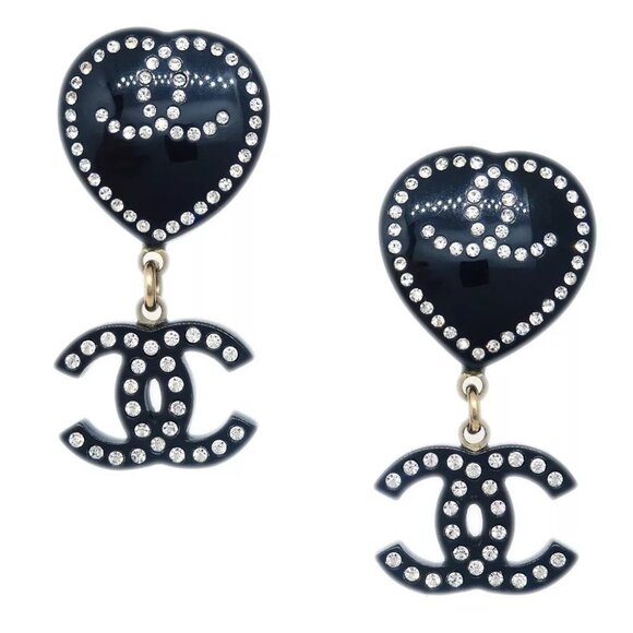 Chanel Rhinestone CC Heart Dangle Earrings Clip-On Black 09C 161982 - Picture 1 of 4